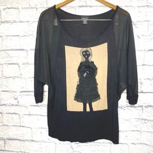 Rue 21 Women's Appliqued Embellished Girl Black Shirt‎ Sz L 3/4 Sheer Sleeve
